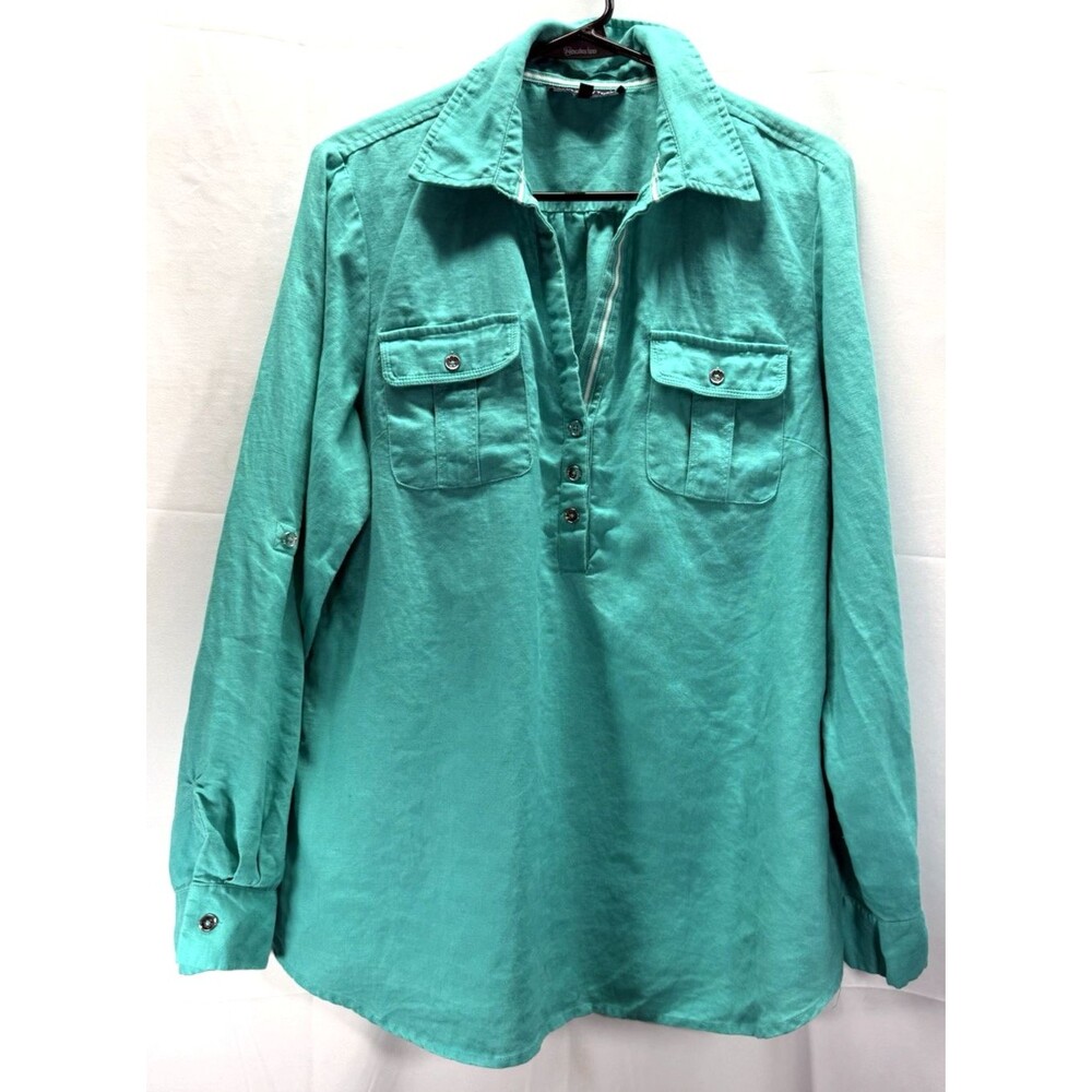 Jones New York Green Linen Long Sleeve Collared Blouse Size Large